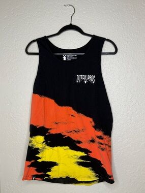 Dutch Bros Black Tank with Orange and Yellow Splash